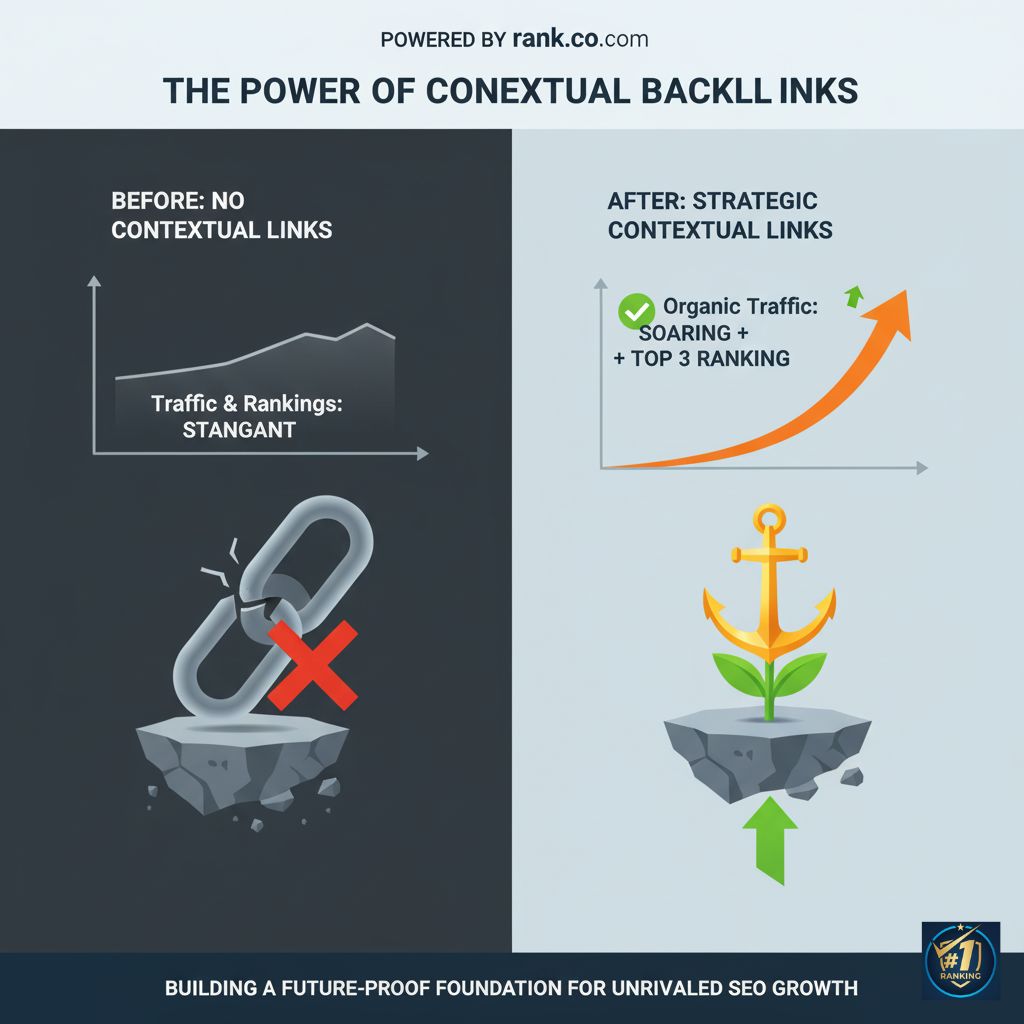 A 'before and after' graph showing stagnant traffic with 'No Contextual Links' versus soaring organic traffic and rankings with 'Strategic Contextual Links.'
