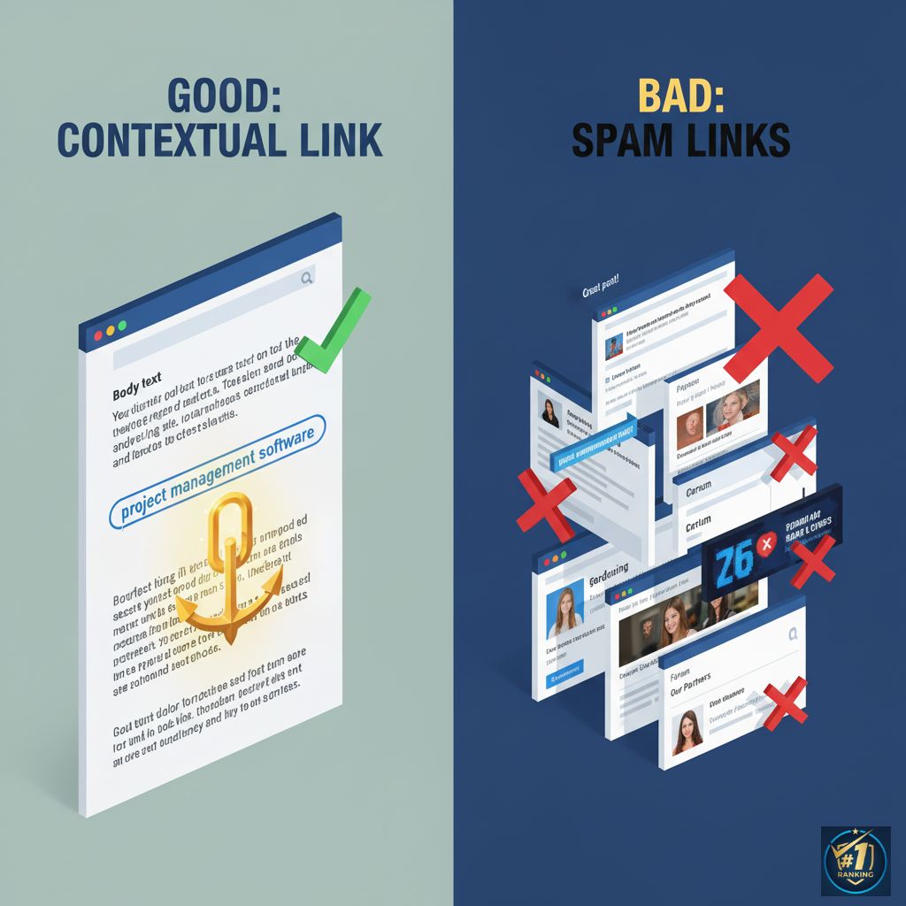 A comparison graphic showing a 'good' contextual link placed inside an article versus 'bad' spam links in comments, sidebars, and footers.