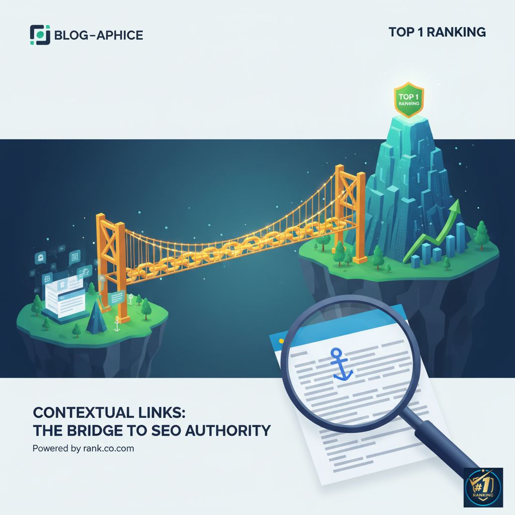An illustration of a golden bridge made of links connecting a website to a mountain peak labeled 'Top 1 Ranking,' symbolizing contextual links as the bridge to SEO authority.