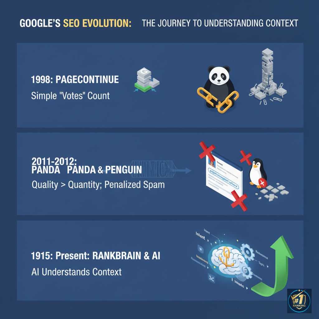 An infographic timeline of Google's SEO evolution, showing PageRank in 1998, Panda and Penguin from 2011-2012, and RankBrain & AI in the present day.