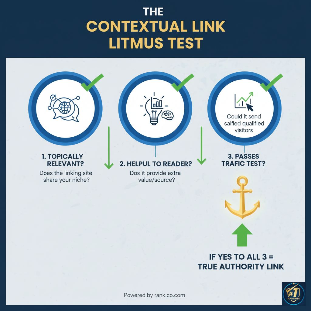 A diagram of 'The Contextual Link Litmus Test,' showing three checks: Topically Relevant, Helpful to Reader, and Passes Traffic Test.
