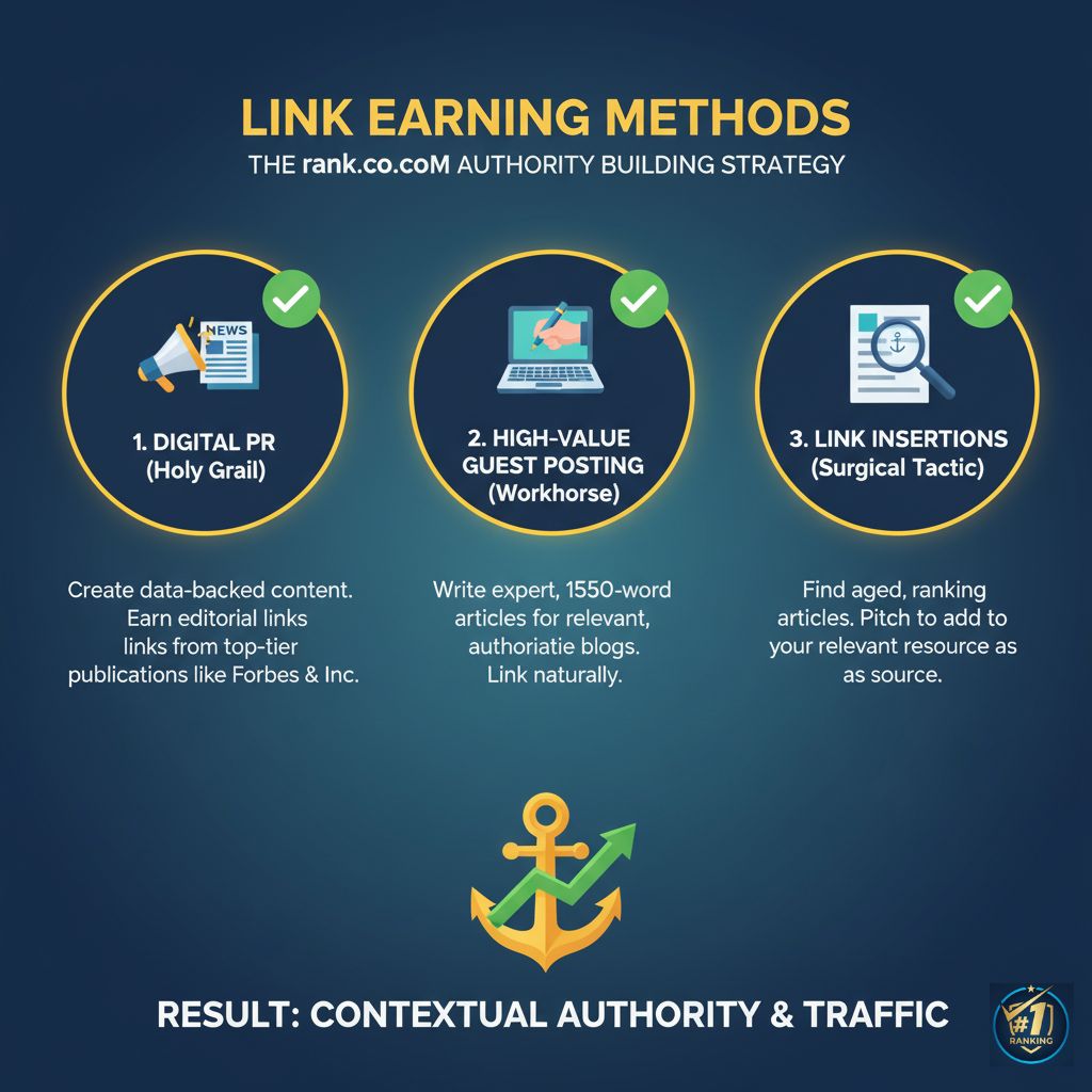 A diagram outlining three expert link earning methods: Digital PR, High-Value Guest Posting, and Link Insertions.